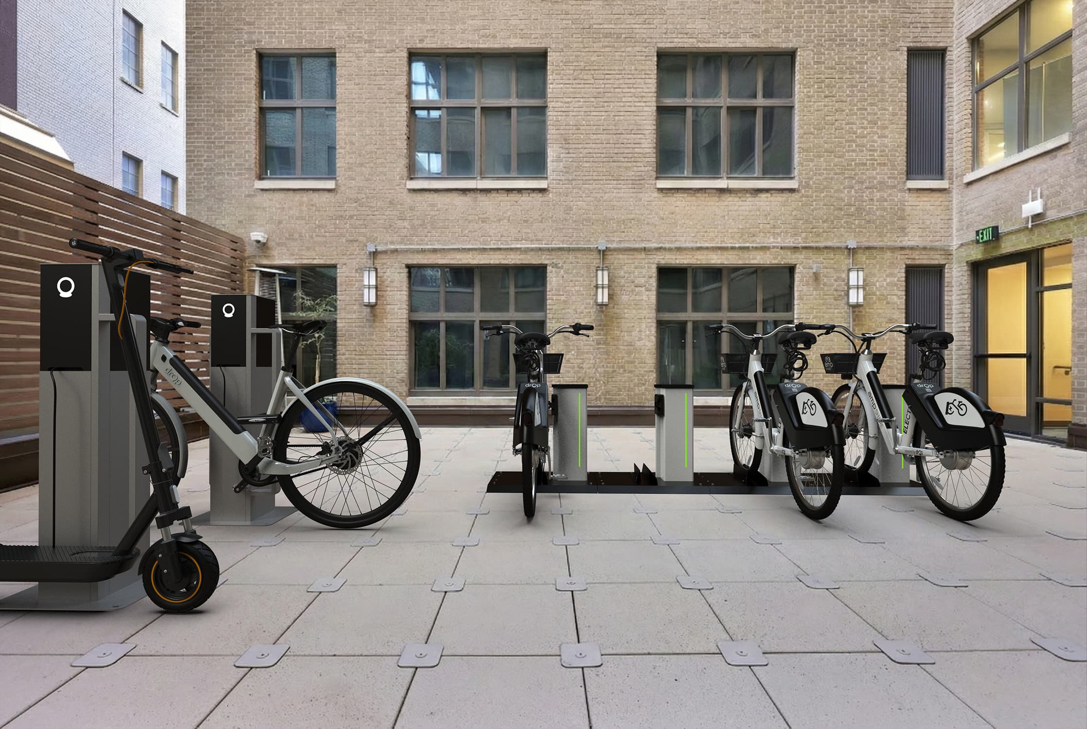 Amp e-bike charging and sharing station in a building courtyard